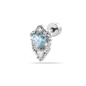 Vintage silver screw back ear stud with heart blue gemstone and pear shaped white crystal