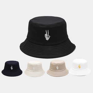 Skeleton Hand Embroidery Cotton Bucket Hat Streetwear Casual Sun Protection Fisherman Hat Flat Top For Men Women
