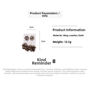 Detail showing leopard print leather earring size 5cm x 5cm with 12.1g weight parameter