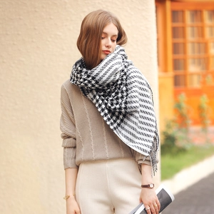 Women's black and white checkered houndstooth cashmere scarf with fringe tassels