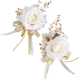 Set di bottoniera e corsage da polso con rosa di seta bianca e foglie dorate per matrimoni