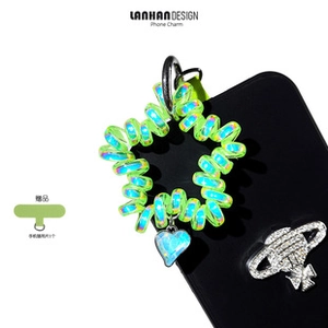 Iridescent green star spiral phone strap with blue gradient heart charm and silver clip