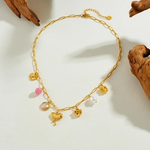 Gold plated stainless steel multi-pendant necklace with heart rose and pearl charms