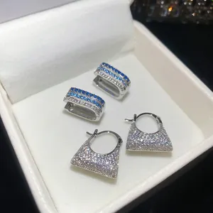Three-layer square hoop earrings featuring sparkling blue and white zircon stones
