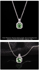 Detail of titanium steel necklace with green emerald-cut zircon and silver chain specs