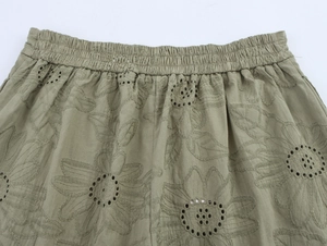 Detailed close-up of army green embroidery and hollow-out lace fabric on these trousers