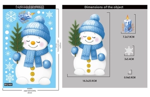 Detailed size chart for Christmas static stickers featuring cute snowman and snowflakes