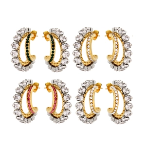 18K gold plated stainless steel C-shape earrings with zircon and colorful stones