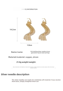 Detailed view of long zircon tassel earrings with dimensions and 925 silver needle marks