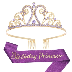 Detail of purple glitter Birthday Princess sash and golden rhinestone crown set