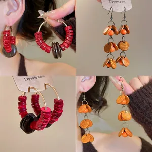 Créoles Bohèmes Avec Perles En Bois De Coquille De Noix De Coco Et Tige De Boucle D Oreille En Argent Bijoux Rétro