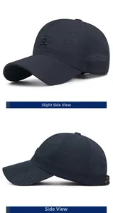 Macro detail of breathable mesh fabric and embroidered letter R on navy baseball cap