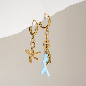 Asymmetric Ocean Starfish Shell Blue Coral Hoop Earrings Stainless Steel Waterproof Hypoallergenic Summer Beach Jewelry
