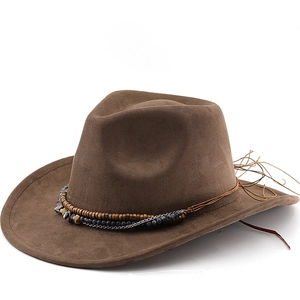 Bohemian Western Cowboy Hat Faux Suede Wide Brim Fedora With Beaded Metal Chain Band Vintage Ethnic Style For Men Women