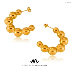 Minimalist Titanium Steel Beaded Hoop Earrings For Women High Polish Gold Silver Bubble C Shaped Stud Earrings Jewelry