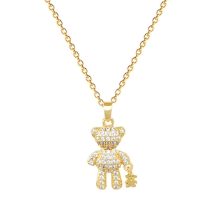 Titanium steel teddy bear necklace with clear crystals and a small gold charm