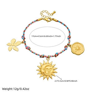 Gold stainless steel sun flower charm bracelet with woven colorful cord jewelry piece