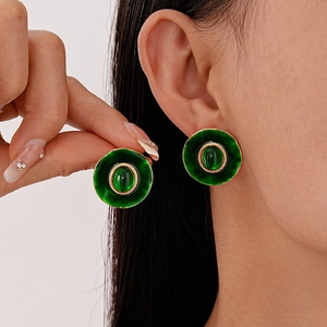 Boucles D'Oreilles Puces Rondes Vintage En Résine Vert Émeraude Avec Tige En Argent Sterling 925 Bordure Dorée Pour Femmes