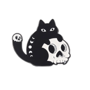 Creative black cat with skull enamel brooch pin featuring moon phases on alloy metal