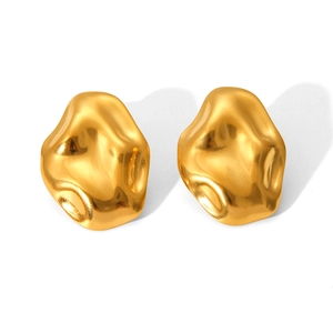 Detailed shot of golden irregular crumpled texture stud earrings in polished stainless steel