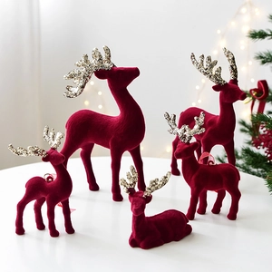 Burgundy Flocking Reindeer Ornaments With Glitter Antlers For Christmas Tree Hanging And Desktop Festive Home Decor