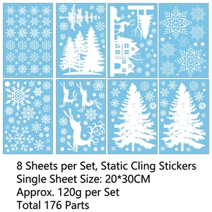White Christmas window static stickers set featuring snowflakes reindeer and snow houses