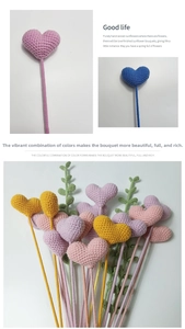 Detail of colorful hand-knitted heart crochet stems for bouquet decoration and DIY gifts