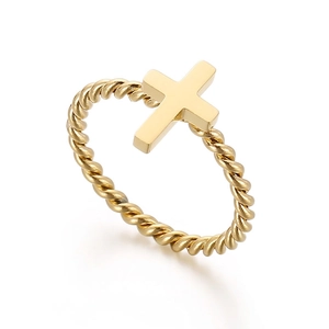 Stainless Steel Cross Ring Twisted Rope Band Religious Minimalist Fashion Jewelry For Men Women Polished Finish