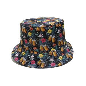 Detail of floral and beer print on a black canvas bucket hat for women