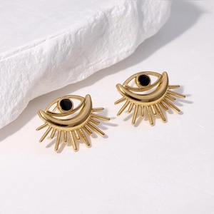 18K gold plated stainless steel evil eye stud earrings with black center on white stone