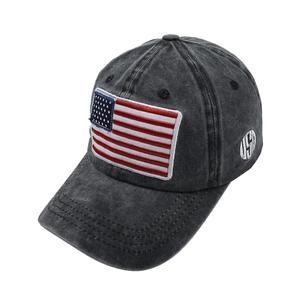 Washed dark gray baseball cap with USA flag embroidery and side logo patch
