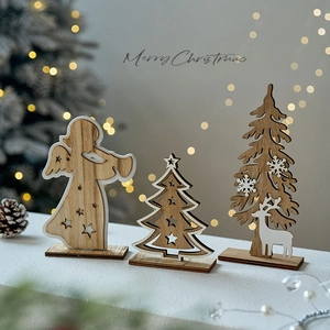 Wooden Christmas Desktop Ornament Reindeer Snowflake Angel Shapes Hollowed Out Design Nordic Minimalist Festive Home Decor