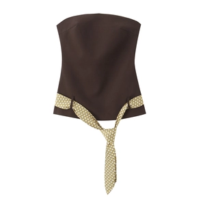 Top Tube En Polyester Café Pour Femmes Coupe Ajustée Sans Bretelles Haut Chic Avec Ceinture À Nouer Géométrique Imprimée