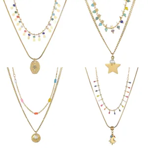 Bohemian Double Layer Necklace Earrings Bracelet 304 Stainless Steel Gold Plated Colorful Beads Star Moon Charm Geometric