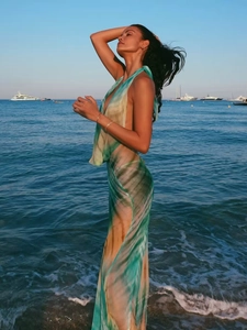 Tie-dye deep V-neck backless halter maxi beach dress with flowing silhouette for vacations