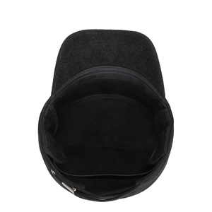 Black wool flat top winter hat for men showing inner lining and metal buckle details