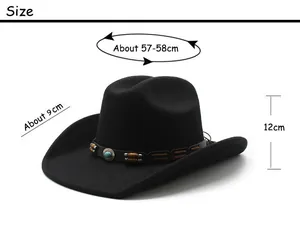 Size chart for wide brim wool western cowboy hat with detailed brim and height measurements