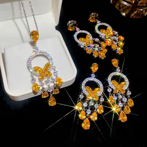 Butterfly Tassel Necklace And Earrings Jewelry Copper Rhinestone Dangle Water Drop Luxury For Women With Silver Earring Post