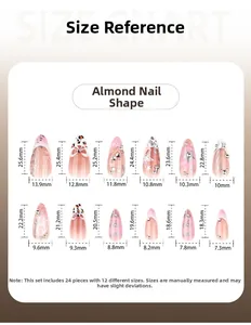 Size chart showing 12 almond-shaped pink press-on nail dimensions from 18.3mm to 25.6mm