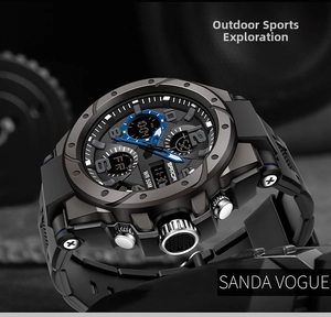 Macro side view of waterproof sport watch with dual-display dial and blue hands