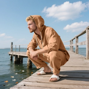 Men's beach linen set featuring drawstring hoodie and matching trousers in apricot color