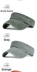 Dettaglio di visiere in cotone lavato in verde militare, grigio e arancione con cuciture
