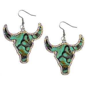 Western vintage leather earrings with turquoise bull skull design and sparkling rhinestones