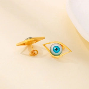 Bohemian gold stainless steel evil eye earrings with blue resin bead in center