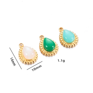 Detail showing 14x10mm drop-shaped natural stone pendants in gold plated stainless steel