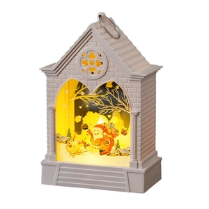 White Christmas house lantern with LED warm light and Santa Claus festive illustrations