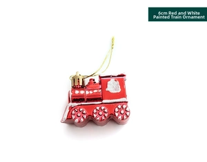 Detailed view of 6cm red and white painted train ornament with snow glitter for Christmas trees
