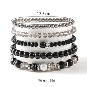 Set di 5 bracciali elastici con perline di cristallo e perle, lunghezza 17,5 cm e peso 50 g