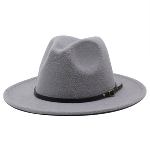 Detail of grey fedora hat featuring a black leather band and metal buckle accent