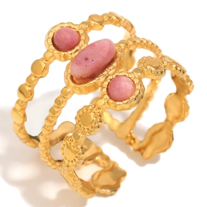 Vintage-Ring aus 18K vergoldetem Edelstahl mit drei Schichten und rosa Marmorsteinen